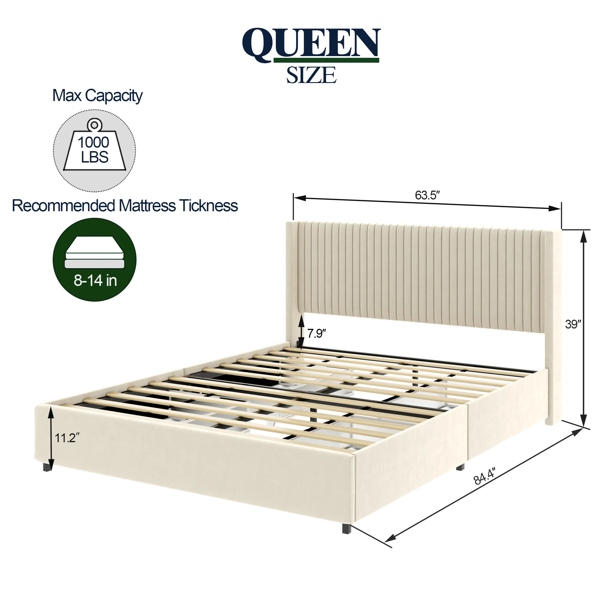 Anna Queen Size Ivory Velvet Upholstered Wingback Platform Bed W/Patented 4 Drawers Modern Design Headboard&Tight Channel - Image 2