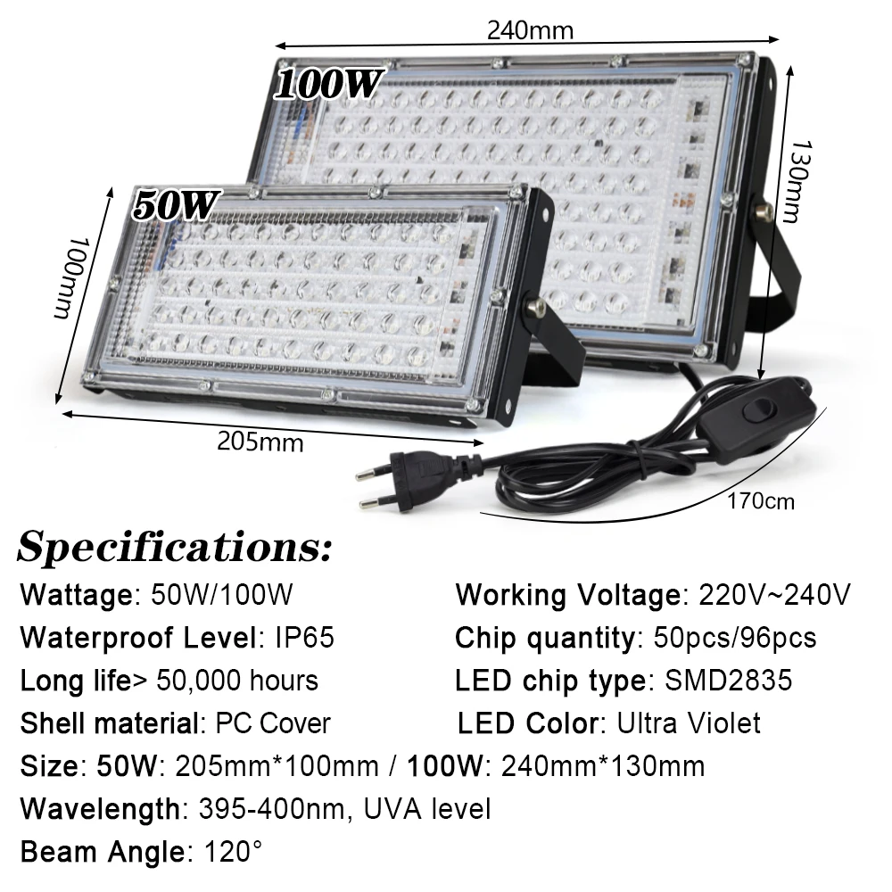 UV Led Flood Light 50W 100W 150W 220V Outdoor Floodlight 395nm 400nm Ultraviolet Fluorescent Stage Lamp LED Stage Blacklight - Image 2