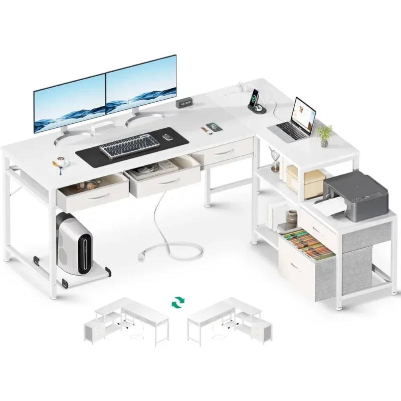 Corner Gaming Table With Storage Shelves L Shaped Computer Desk With Fabric Drawers and File Cabinet White Office Furniture Room