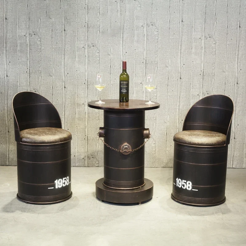 Retro Industrial Bar Stools, Metal Bucket Table, Round Bench Leather Seat, Stable Leisure Furniture Chair, Stylish Bar Decor