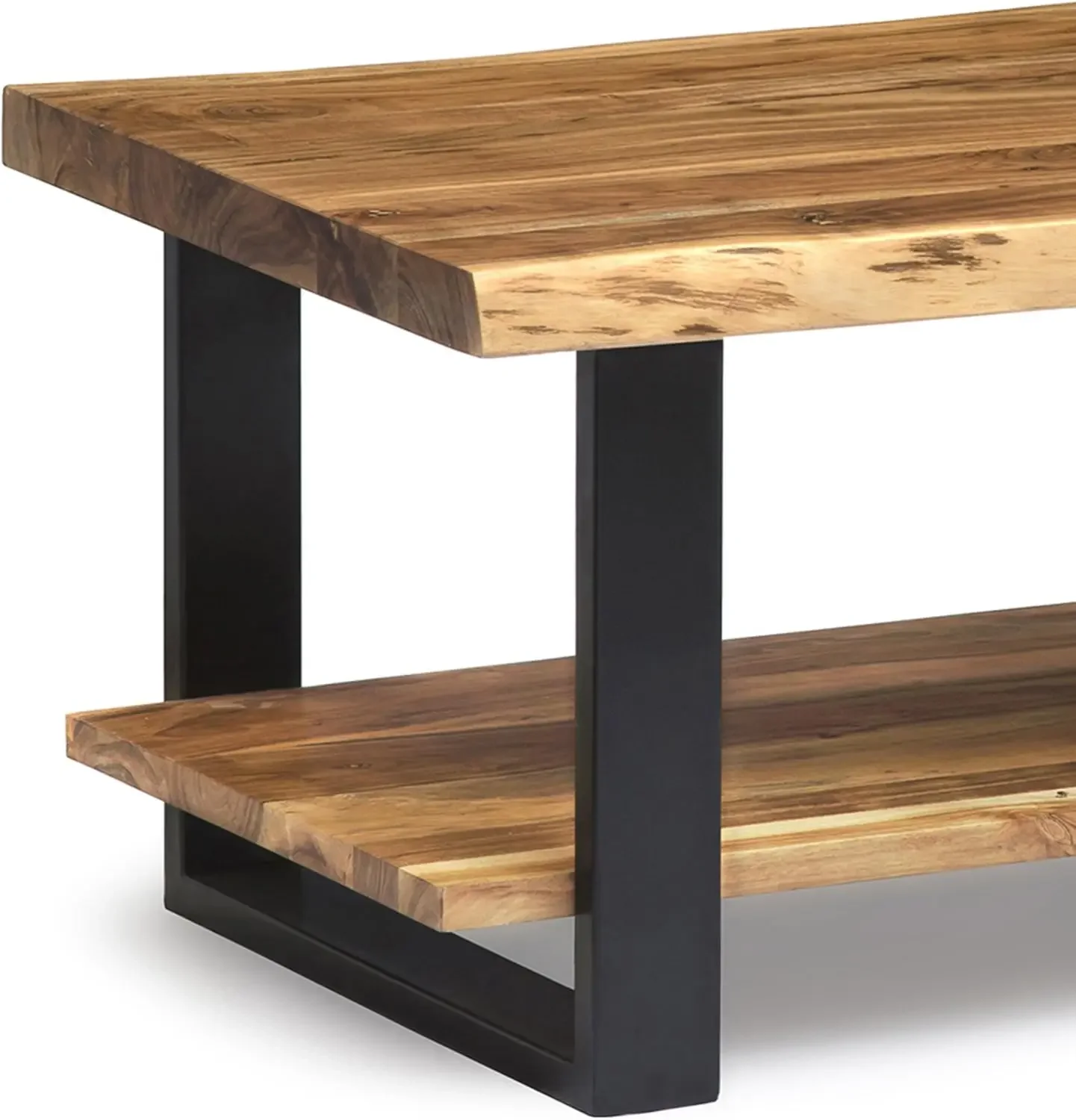 Natural Wood Live Edge Coffee Table w/ Metal Strap Legs Brown Black Metal Accents Unique Imperfections Clear Natural - Image 4