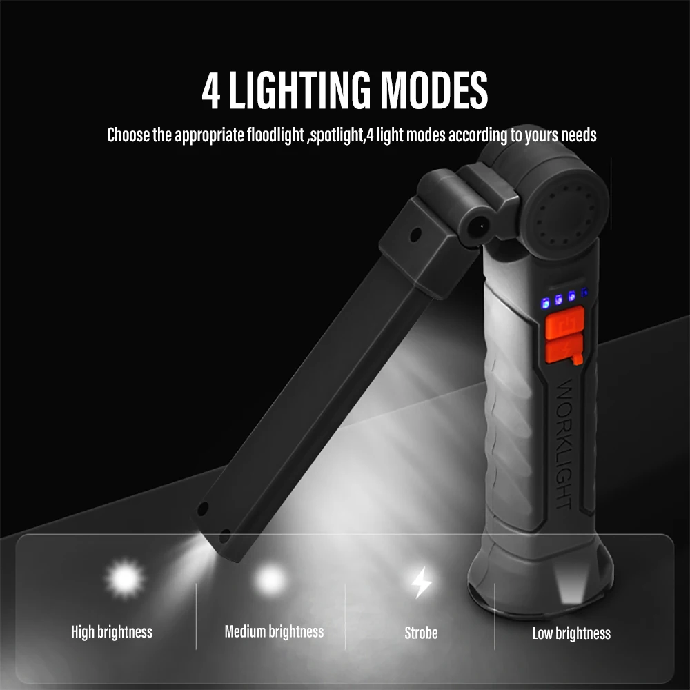 Rechargeable Camping LED Flashlight Work Light with Magnet and Hook IP64 Waterproof 5 Lighting Modes Suitable for Night Work - Image 2