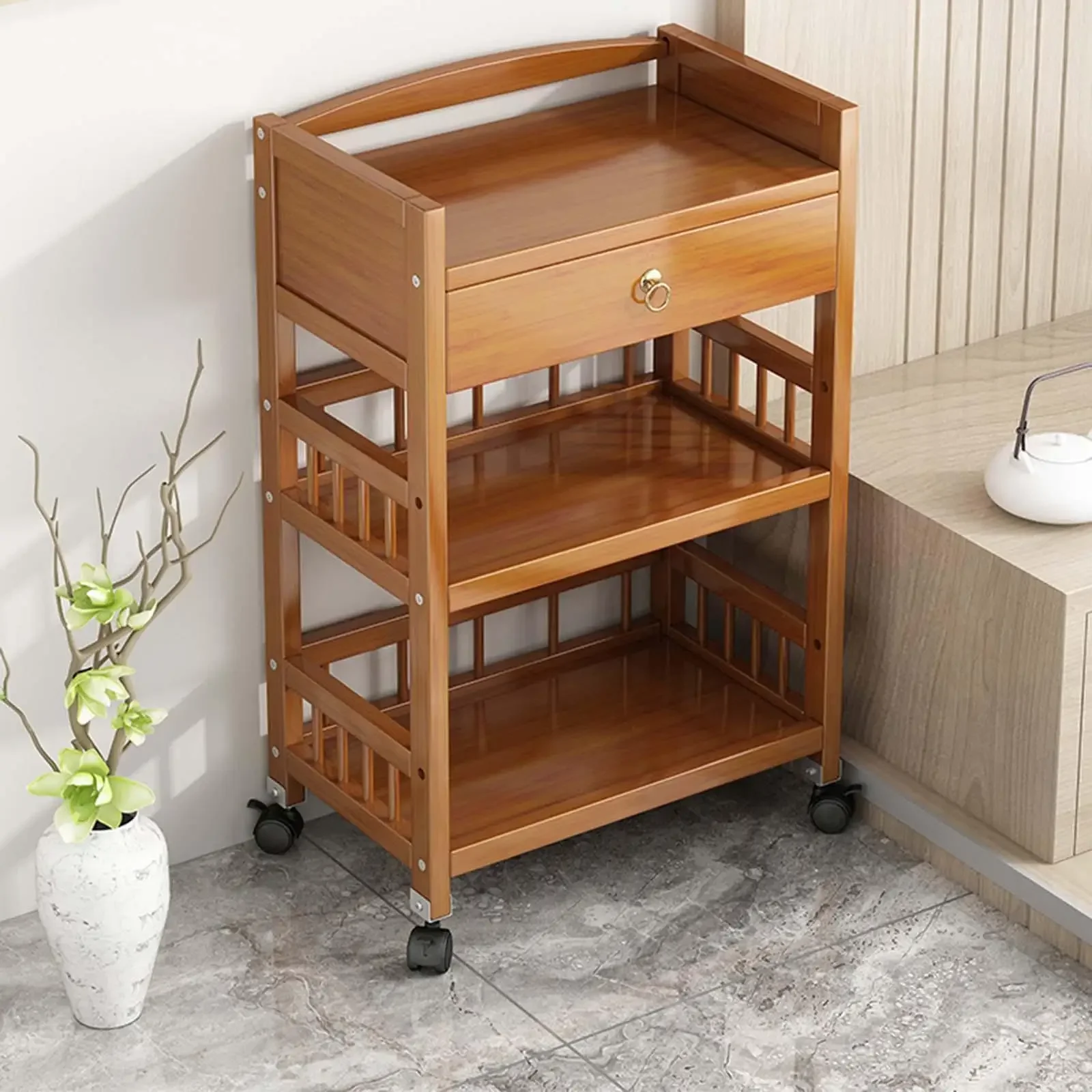 Wooden Moveable Bookshelf Trolley, Activity End Table, Corner Cabinet, Living Room, Dining Room, Sofa Side Table, High Quality