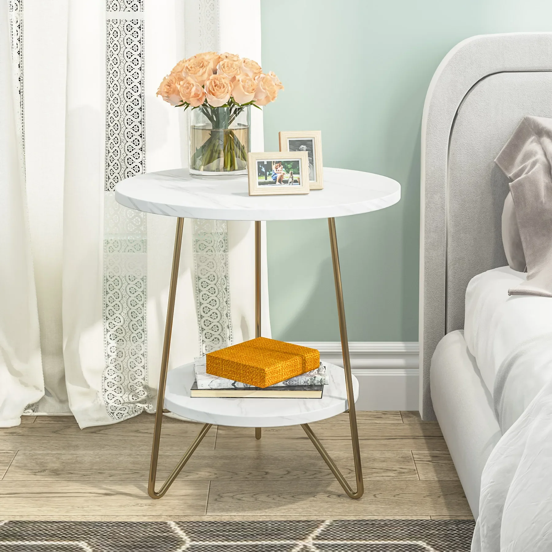 2 Tier Faux Marble End Table Round Side Table with Shelves Small Coffee Accent Table for Living Room, White and Gold - Image 2