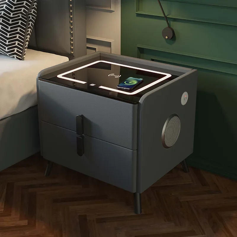 Solid Wood Smart Bedroom Nightstands Moder Style 2 Drawers Multifunction Storage Cabinet Faux Leather Bedside Table - Image 3