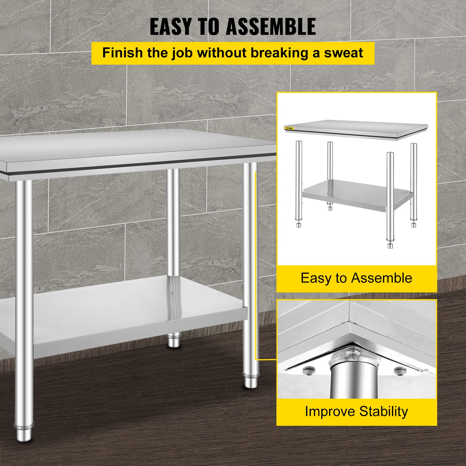 VEVOR Kitchen Work Bench Commercial Catering Table Worktable with Undershelf Stainless Steel 330LBS 286LBS for Restaurant Garage - Image 6