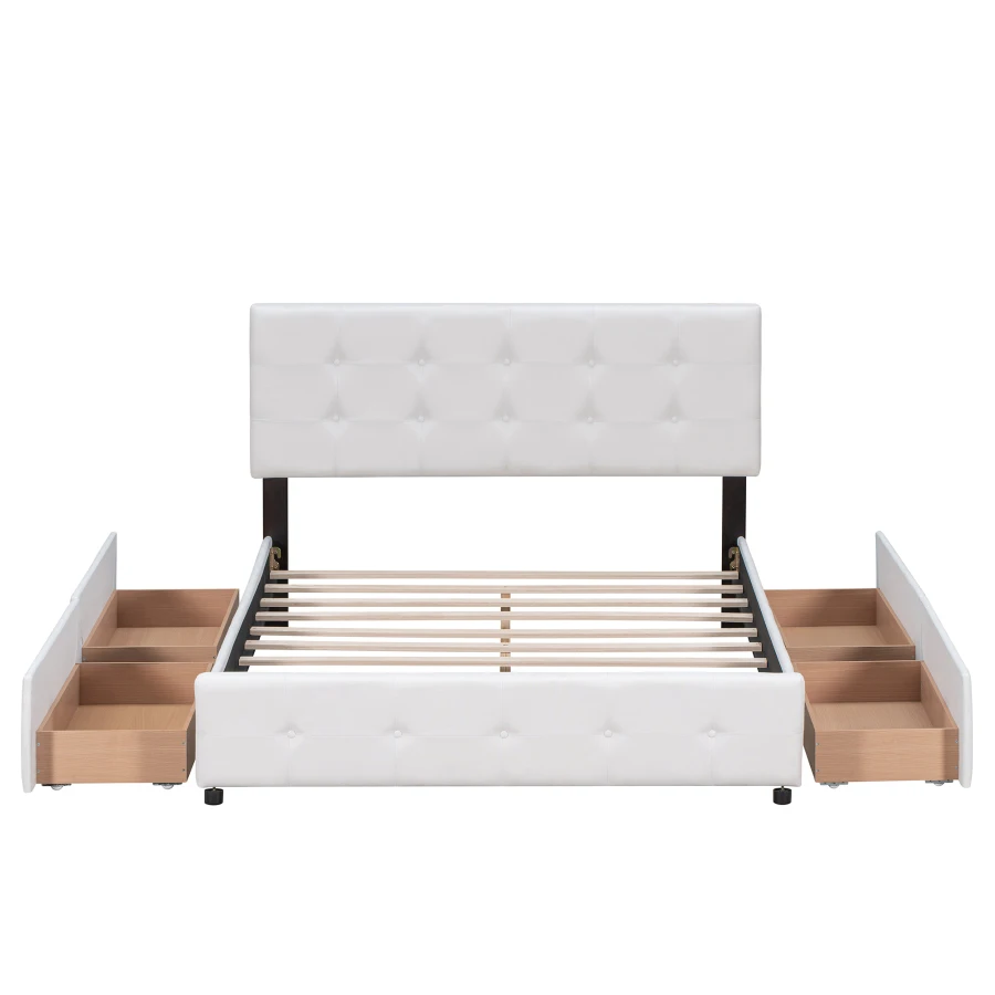 Upholstered Platform Bed with Classic Headboard and 4 Drawers, No Box Spring Needed, Linen Fabric, Queen Size White - Image 5