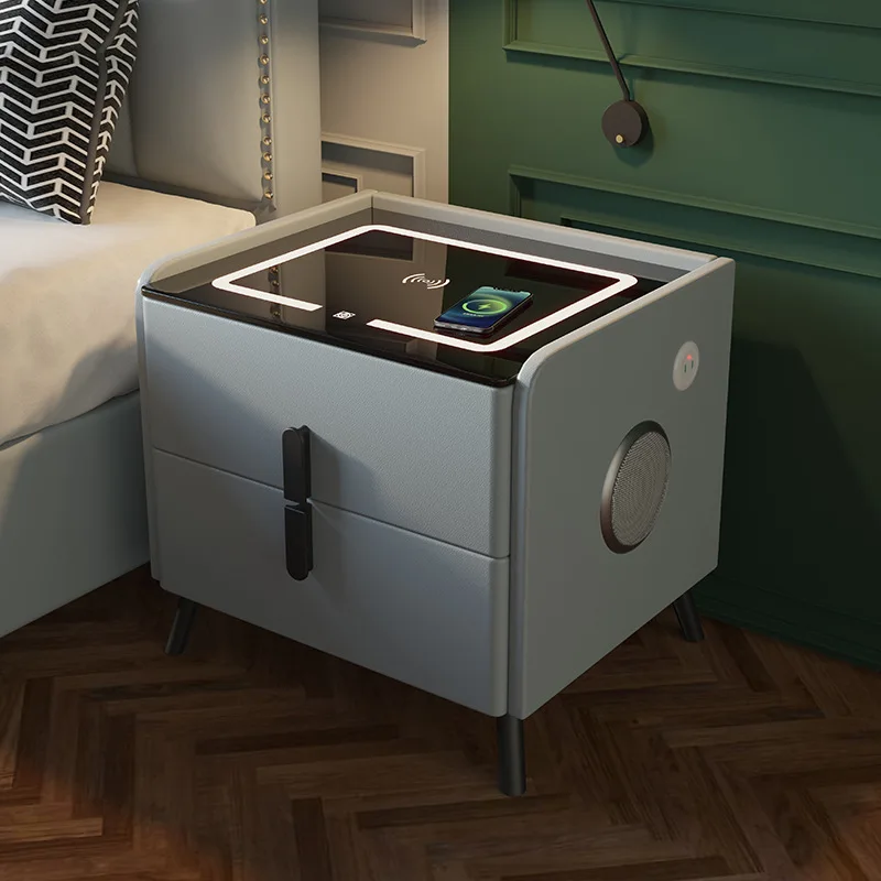 Solid Wood Smart Bedroom Nightstands Moder Style 2 Drawers Multifunction Storage Cabinet Faux Leather Bedside Table - Image 2