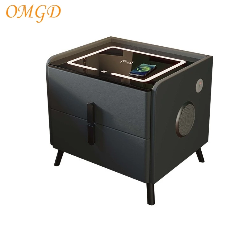 OMGD Upholstered Smart Nightstand Modern Minimalist Narrow Bedside Cabinet With Lights Wireless Charging Tri-Colour Lights - Image 4