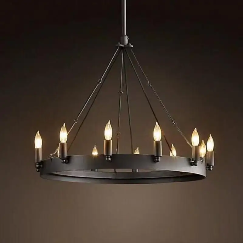 Modern American Retro Iron Pendant Lamp Vintage Industrial Led Droplight Round Cafe Restaurant Bar Knight Candle Chandelier - Image 5