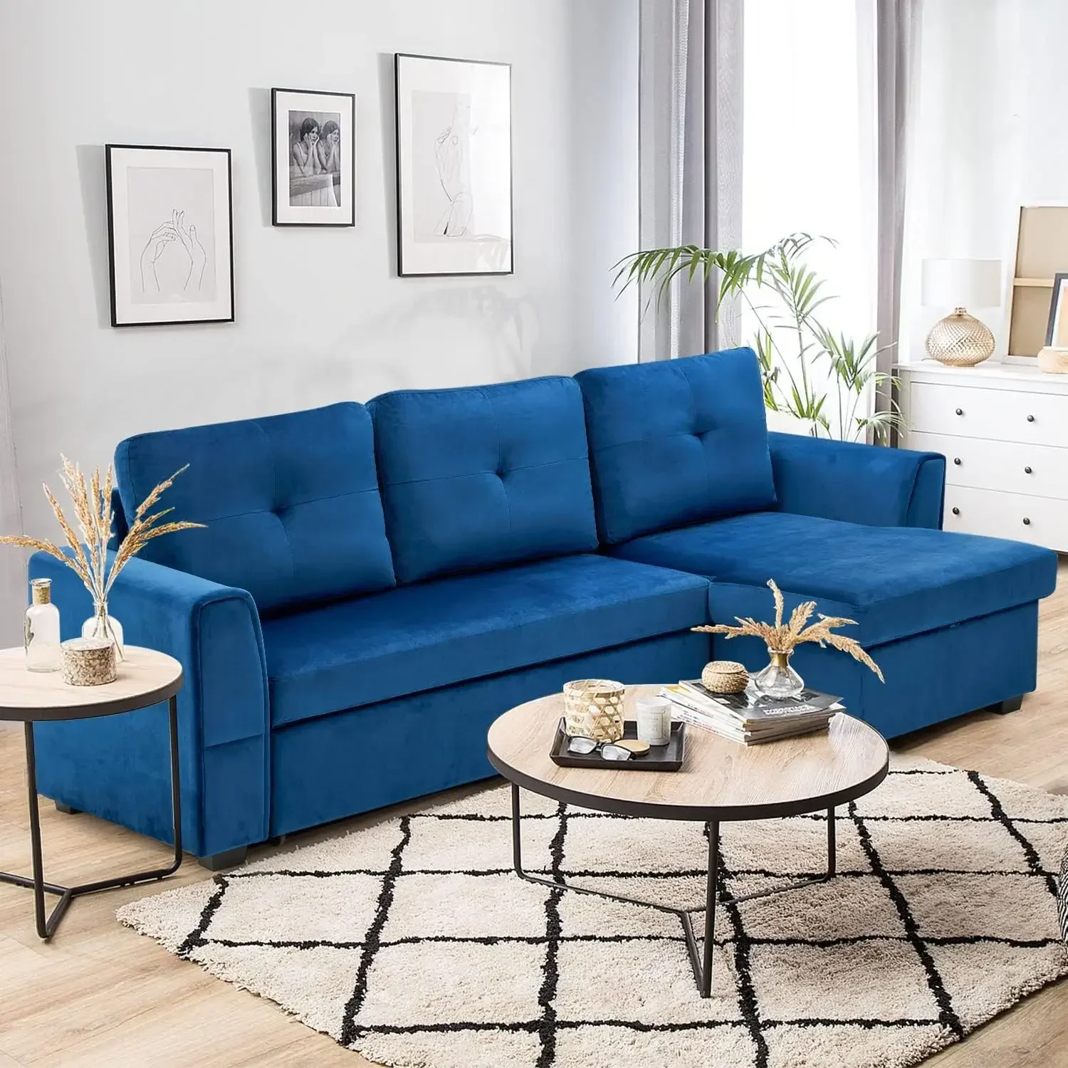 Sectional Sleeper Sofa, Flannel Pull Out Bed with Removable Chaise Longue, 3Seater Sofa Bed with Storage Ottoman for Living Room - Image 4