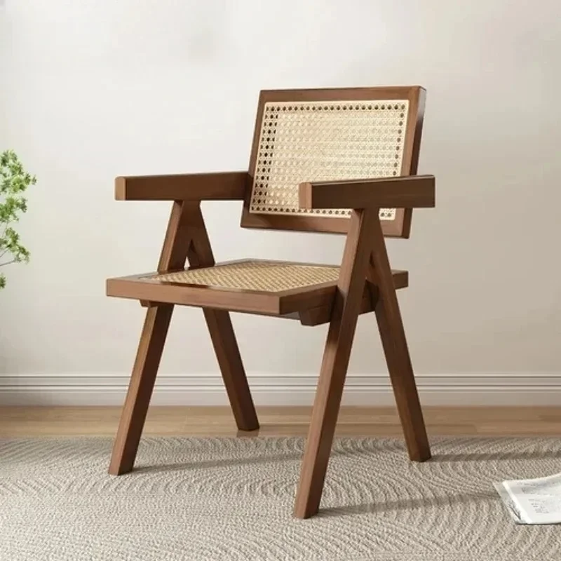 Mid-Century Dining Chair with Wooden Legs Modern Wooden Armchair with Rattan Design for Dining and Living Room Furniture