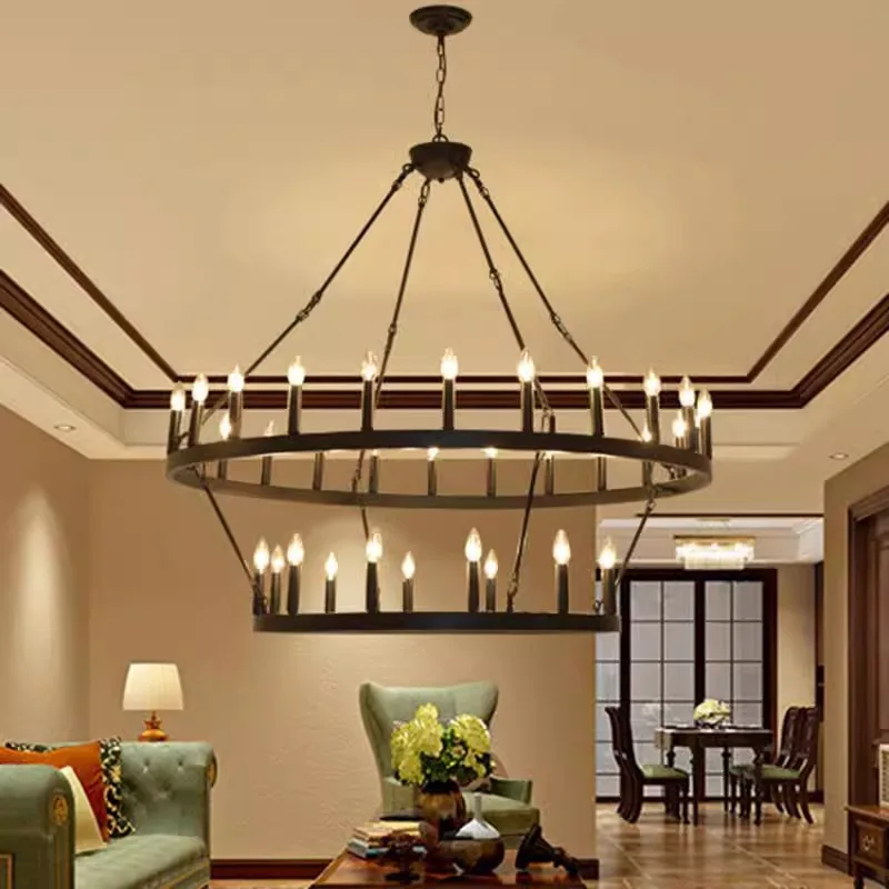 America Retro Industrial Iron Round Led Pendant Black Metallic Hanging Living Room Cafe Restaurant Decoration Suspend Chandelier - Image 5