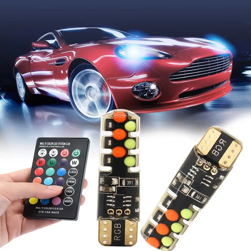 2pcs T10 W5W Led 194 168 W5W 5050 SMD Car Dome Reading Light Automobiles Wedge Lamp RGB LED Bulb With Remote Controller - Image 2