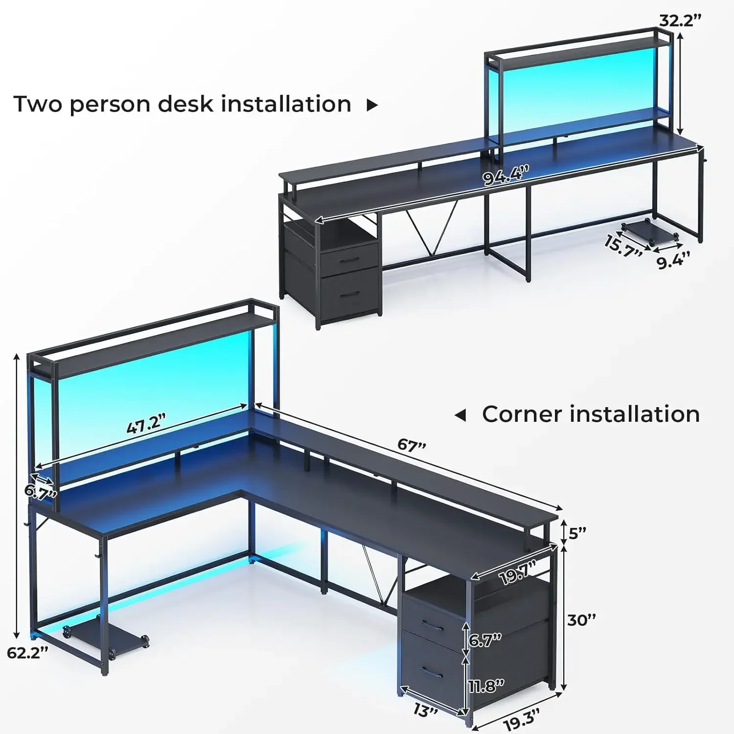 L Shaped Gaming Desk, 94.4" Home Office Desk with File Drawer and Monitor Shelf, Corner Gaming Computer Desk with Hutch - Image 3