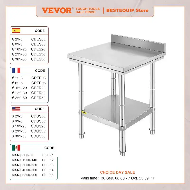 VEVOR Kitchen Work Bench Commercial Catering Table Worktable with Undershelf Stainless Steel 330LBS 286LBS for Restaurant Garage