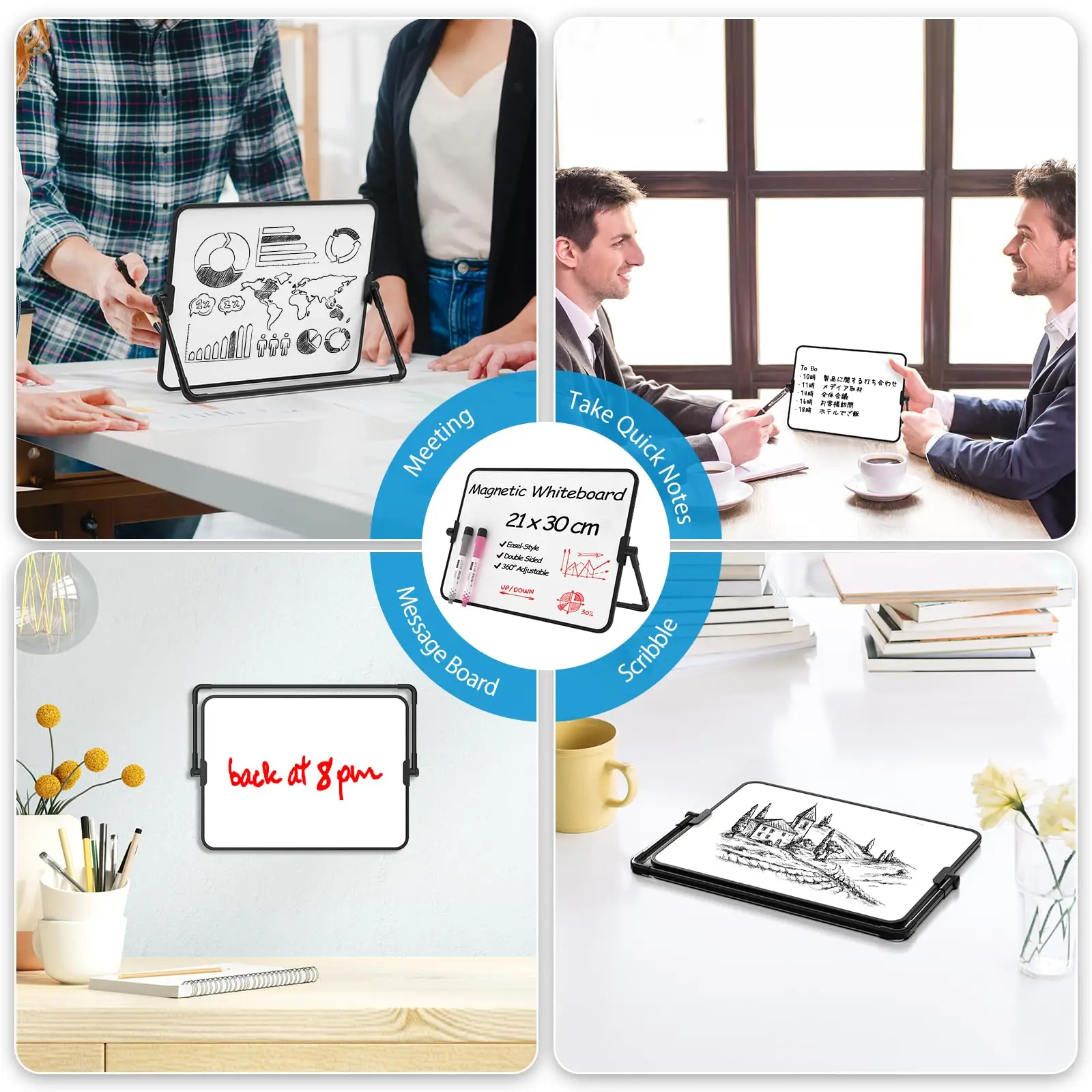 A4 Double-Sided Magnetic Whiteboard Dry Erase Portable Calendar Office Note Message Stand (Black) Easel Writing Tablet Black - Image 6