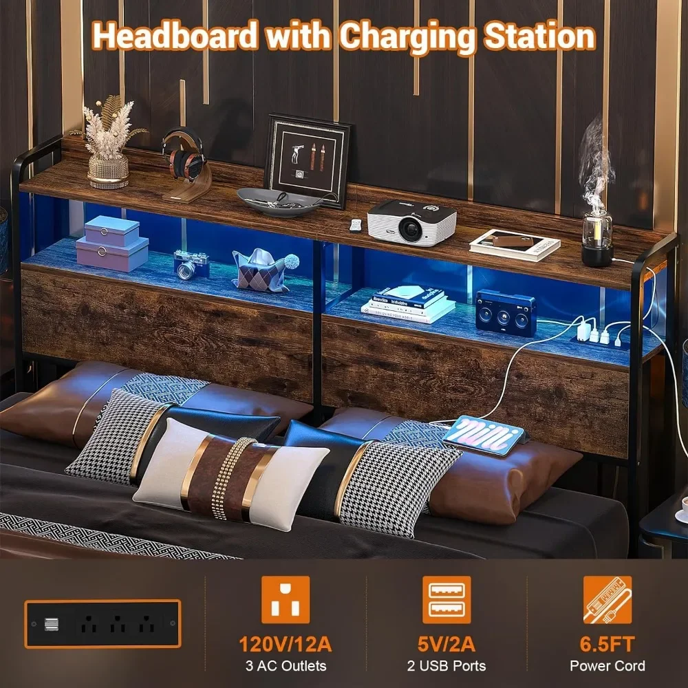 Queen Size Headboard with Outlets, USB Ports and LED Light, HeadBoards with Storage, Headboard for Queen Size Bed Frame - Image 4