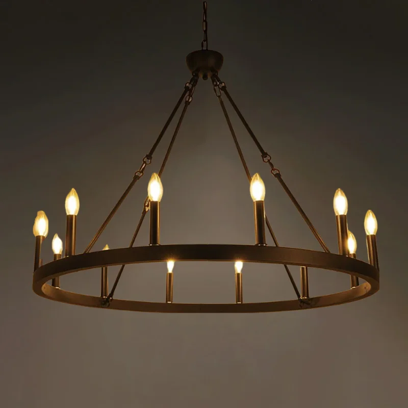America Retro Industrial Iron Round Led Pendant Black Metallic Hanging Living Room Cafe Restaurant Decoration Suspend Chandelier