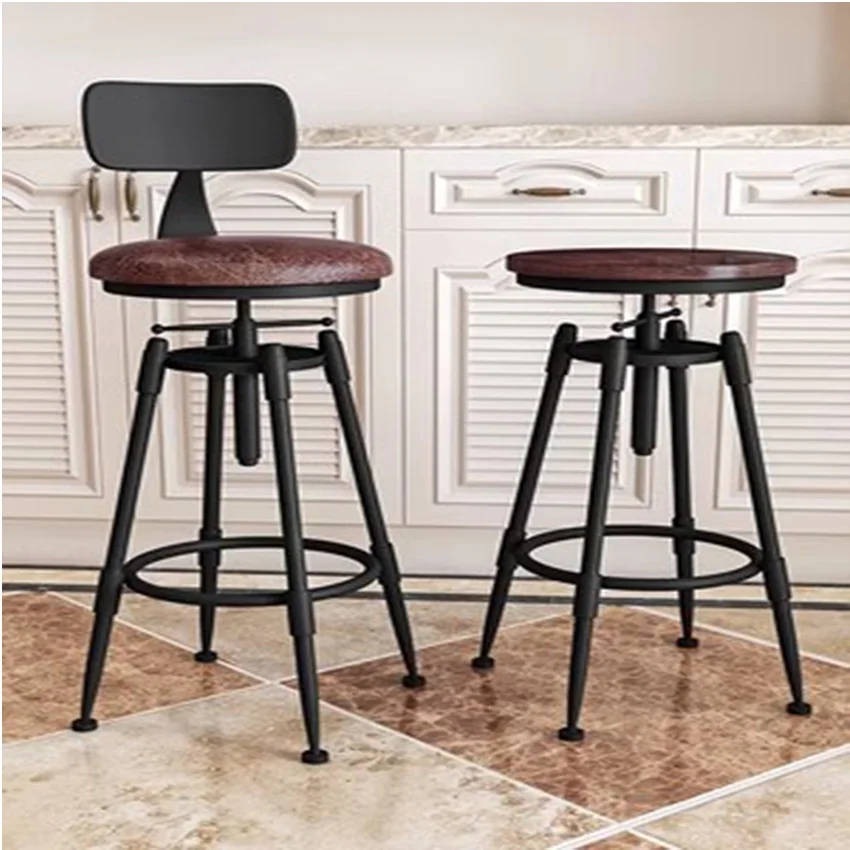 Retro American Country Style Swivel Bar Chair Stool Iron Art Wood/Soft Cushion Seat High Footstool Rotatable Liftable Bar Chair - Image 3