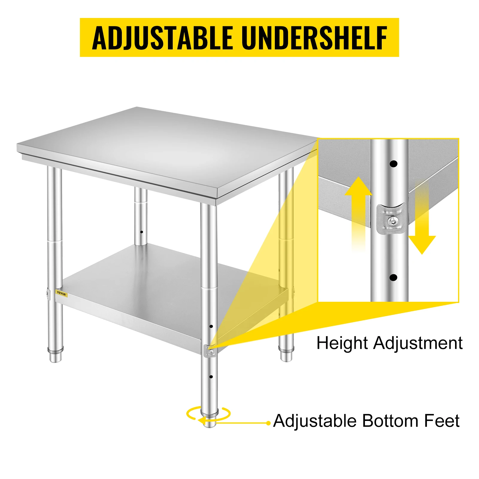 VEVOR Kitchen Work Bench Commercial Catering Table Worktable with Undershelf Stainless Steel 330LBS 286LBS for Restaurant Garage - Image 6