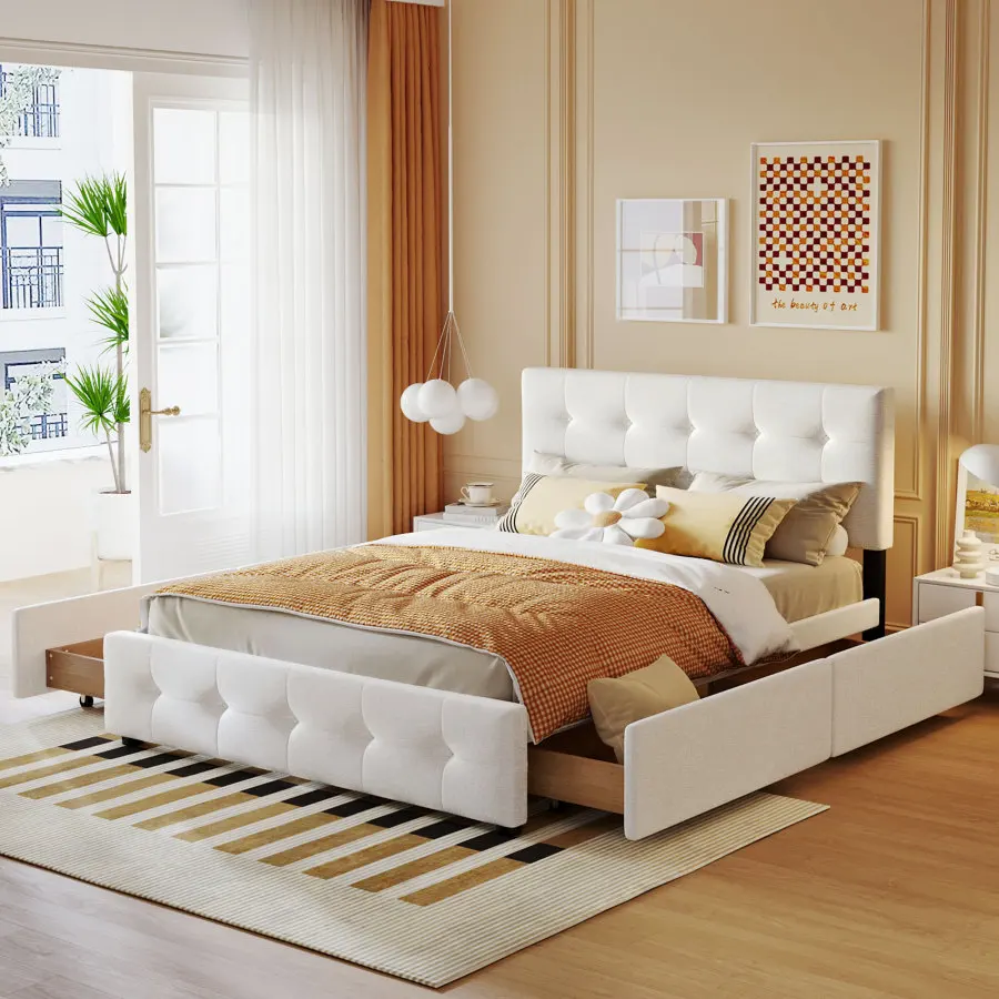 Upholstered Platform Bed with Classic Headboard and 4 Drawers, No Box Spring Needed, Linen Fabric, Queen Size White - Image 4