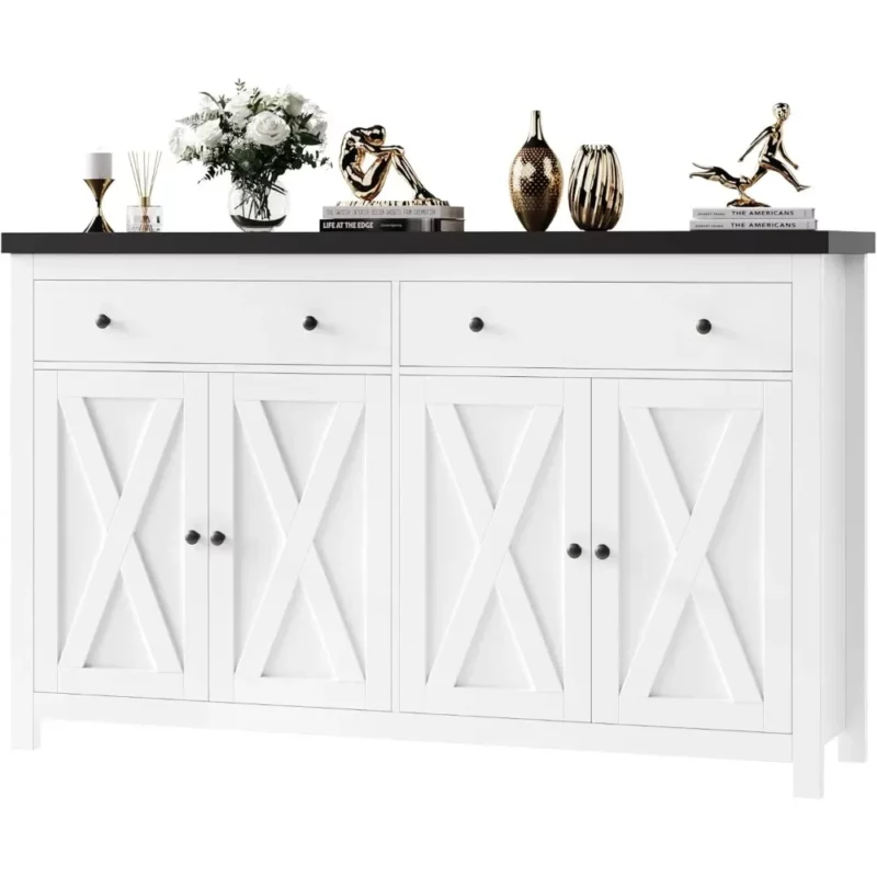 Sideboard Buffet Cabinet with Storage, 55" Large Kitchen Storage Cabinet with 2 Drawers and 4 Doors, Wood Coffee Bar Cabinet