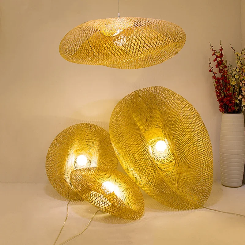 HandMade Vintage Bamboo Weaving LED Pendant Light Home Hanging Chandelier Lighting Living Room Kitchen Rattan Woven Lamp - Image 5