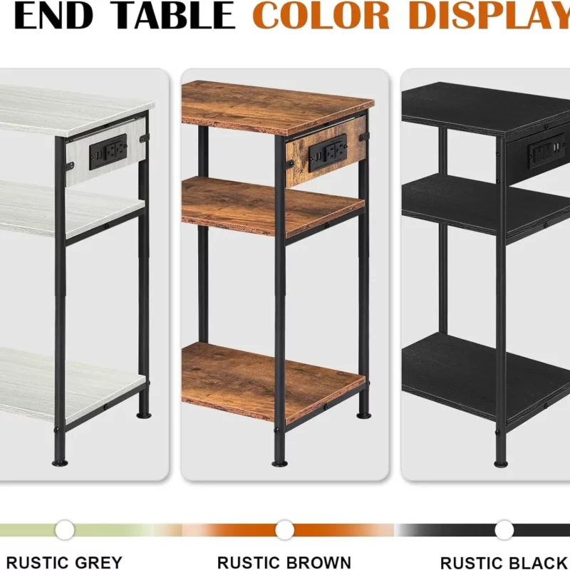Nightstand with Charging Station,3 Tier Black Nightstand End Table with Storage Shelf,Narrow Side Table with USB Ports