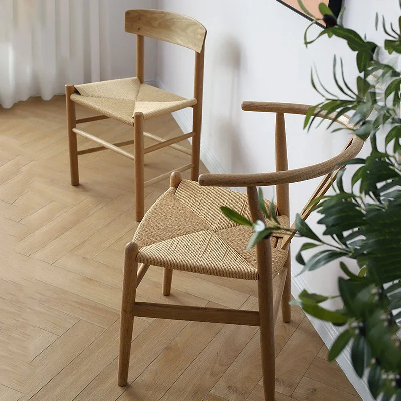 Dining Chair Oak Solid Wood Retro Backrest Dining Chair Rope Woven Hemp Portable Chairs Nordic Kitchen Modern Chairs Wooden - Image 3