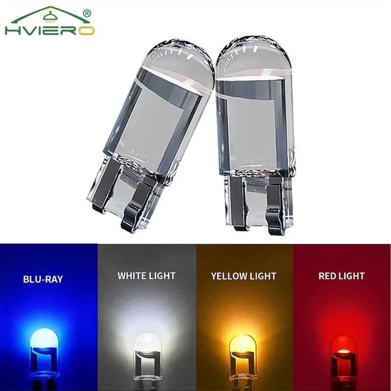 2PCS W5W 194 T10 Glass Housing Cob LED Home Bulb 6000K Wedge License Plate Lamp Dome Light White Diedo Auto Interior Read 12V DC