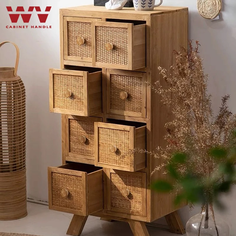 WV Wooden Rattan Dresser Knobs Kit Round Decorative Furniture Pull Handles Multipurpose Woven Drawer Pulls for Bedside Tables - Image 5