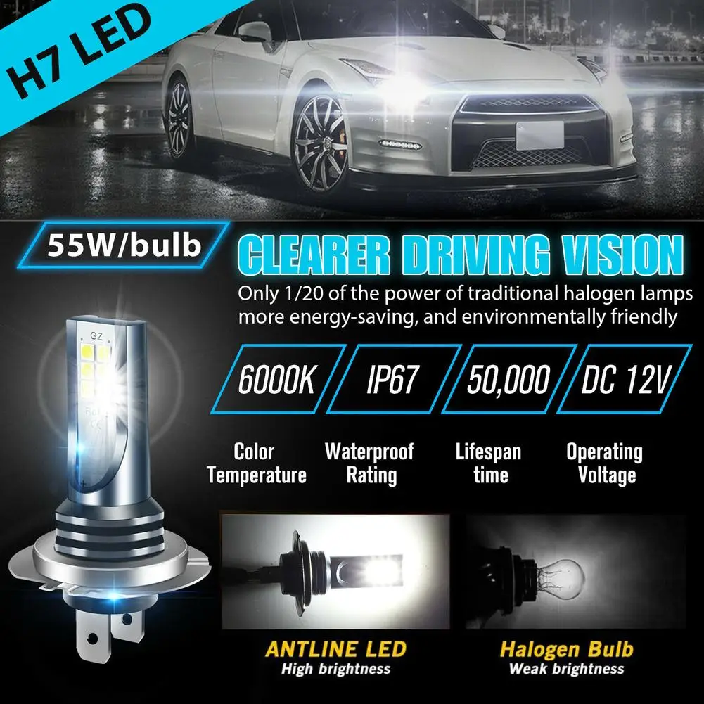 2pcs H7 Led Headlight Bulb Kit Car Fog Light Bulbs High Low Beam 110w 30000lm Super-Bright 6000k White Led Lights For Vehicles - Image 2