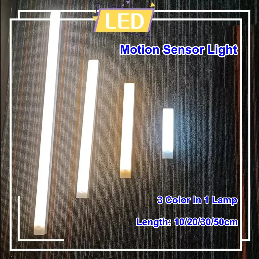 Wireless Motion Sensor LED Long Strip Tube USB Rechargeable Night Light for Kitchen Bedside Cabinet Wardrobe Backlight Wall Lamp - Image 2