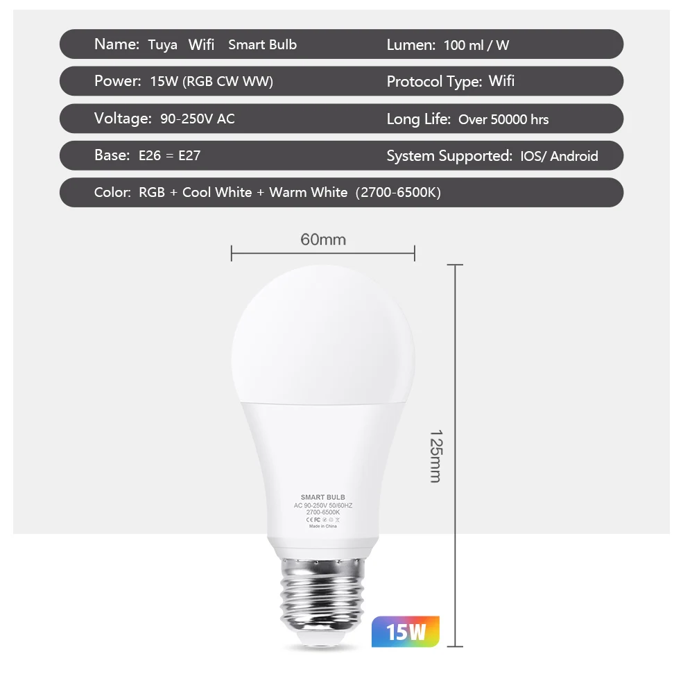 15W WiFi Smart Led Light Bulb E27 LED RGBCW Smart Bulb Voice Control Via Google Home Tuya Smart Life App Alexa RGB Lamp 110-220V - Image 2