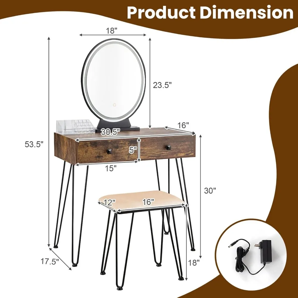 Makeup Table with Illuminated Mirror, 3 Color Lighting Modes, Adjustable Brightness, 2 Large Drawers and Acrylic Storage Box - Image 5