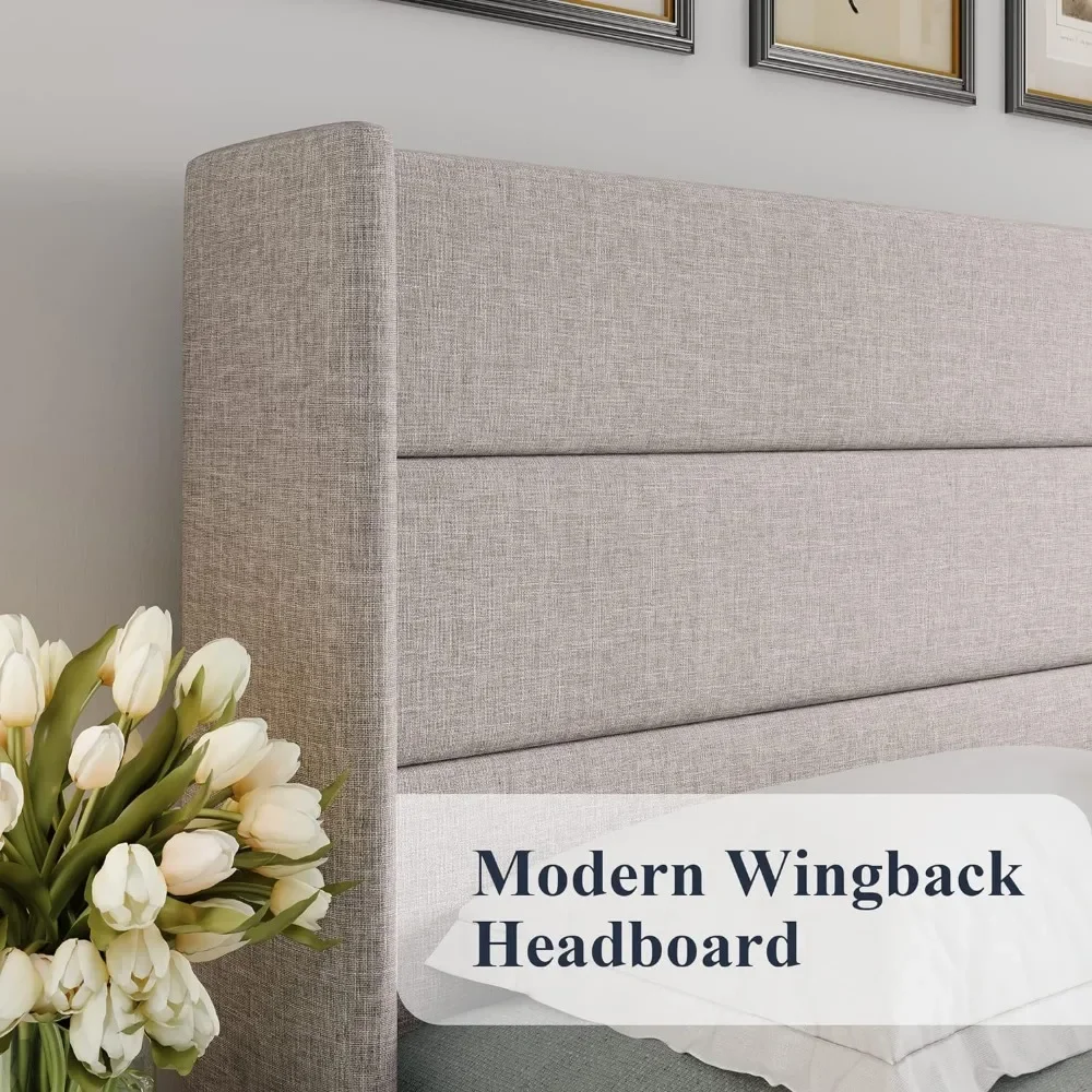 Queen Size Lift Up Storage Bed, Modern Wingback Headboard, No Box Spring Needed, Hydraulic Storage, Light Beige - Image 3