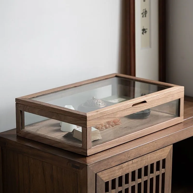 Household Tea Set Display Box Dust-Proof Teacup Transparent Glass Storage Box Tea Room Desktop Wooden Display Cabinet 1PCS LE307
