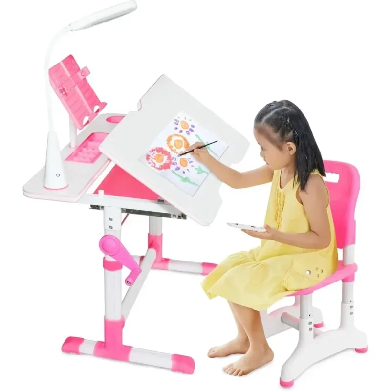 Kids Desk and Chair Set for Ages 4-12, Height Adjustable Children's Study Table, Student School Desks with Lamp, Pencil Case