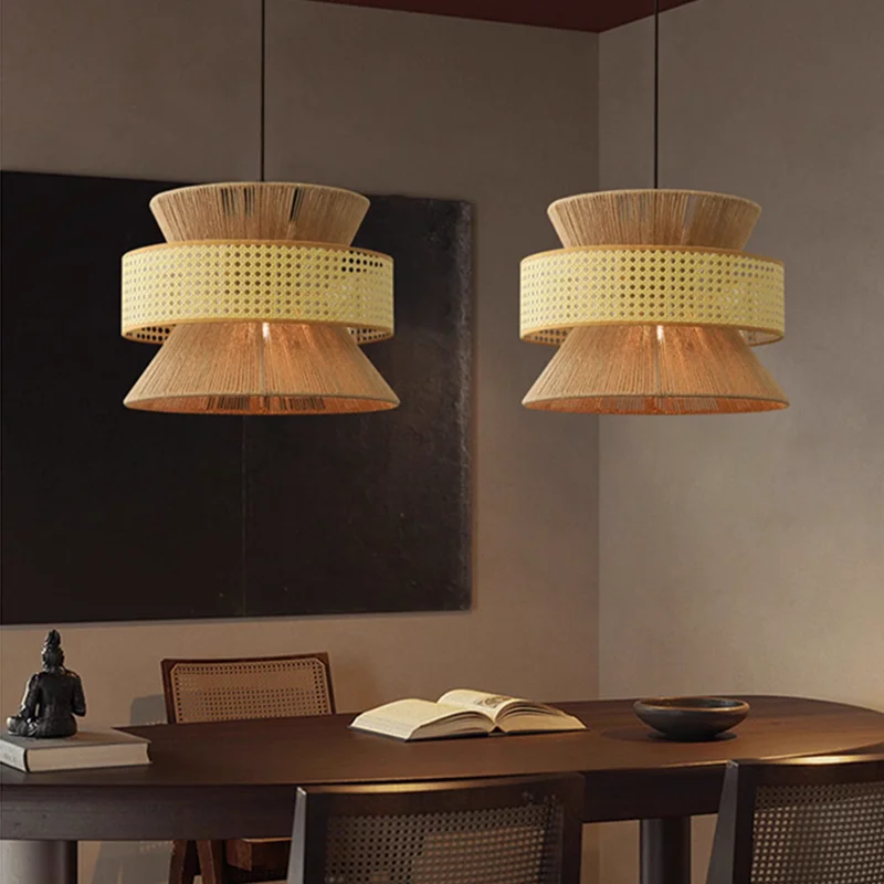 Japanese pendant lights Handmade Hemp Rope Light Homestay Vintage Style rattan lampshade Dining Room Hotel coffee tables Light