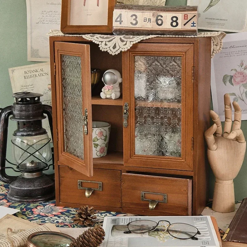 Nordic Solid Wood Retro Double Door Display Cabinet Sundry Cosmetics Storage Drawer Desktop Organizer - Image 2