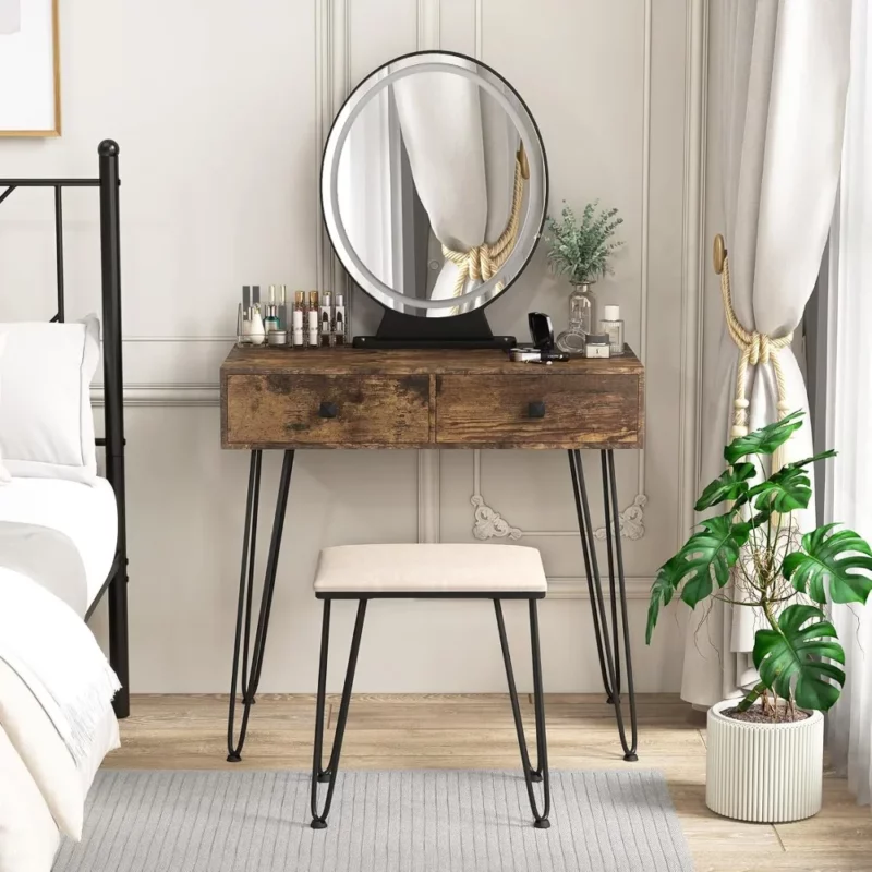 Makeup Table with Illuminated Mirror, 3 Color Lighting Modes, Adjustable Brightness, 2 Large Drawers and Acrylic Storage Box