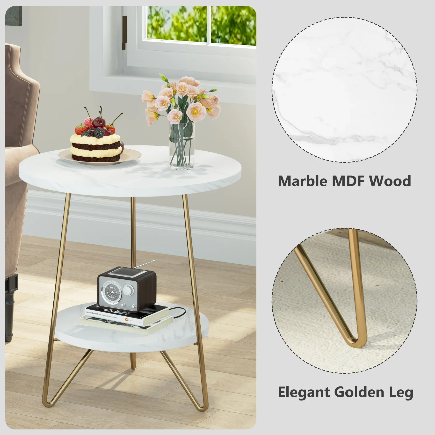 2 Tier Faux Marble End Table Round Side Table with Shelves Small Coffee Accent Table for Living Room, White and Gold - Image 5