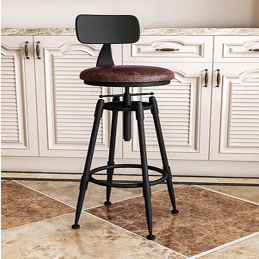 Retro American Country Style Swivel Bar Chair Stool Iron Art Wood/Soft Cushion Seat High Footstool Rotatable Liftable Bar Chair - Image 4