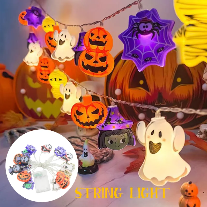 1PC Halloween String Lights With Ghost Witch Cat Pumpkin Spider Web Skeleton Mummy Pirate Shape Lamp 10/20 LED Battery Powered