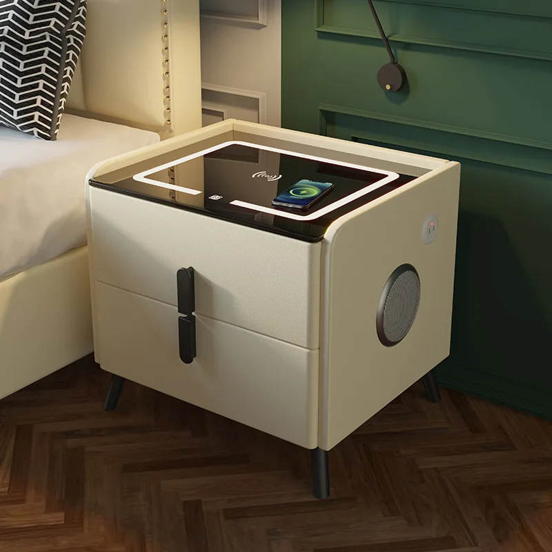 Solid Wood Smart Bedroom Nightstands Moder Style 2 Drawers Multifunction Storage Cabinet Faux Leather Bedside Table - Image 4