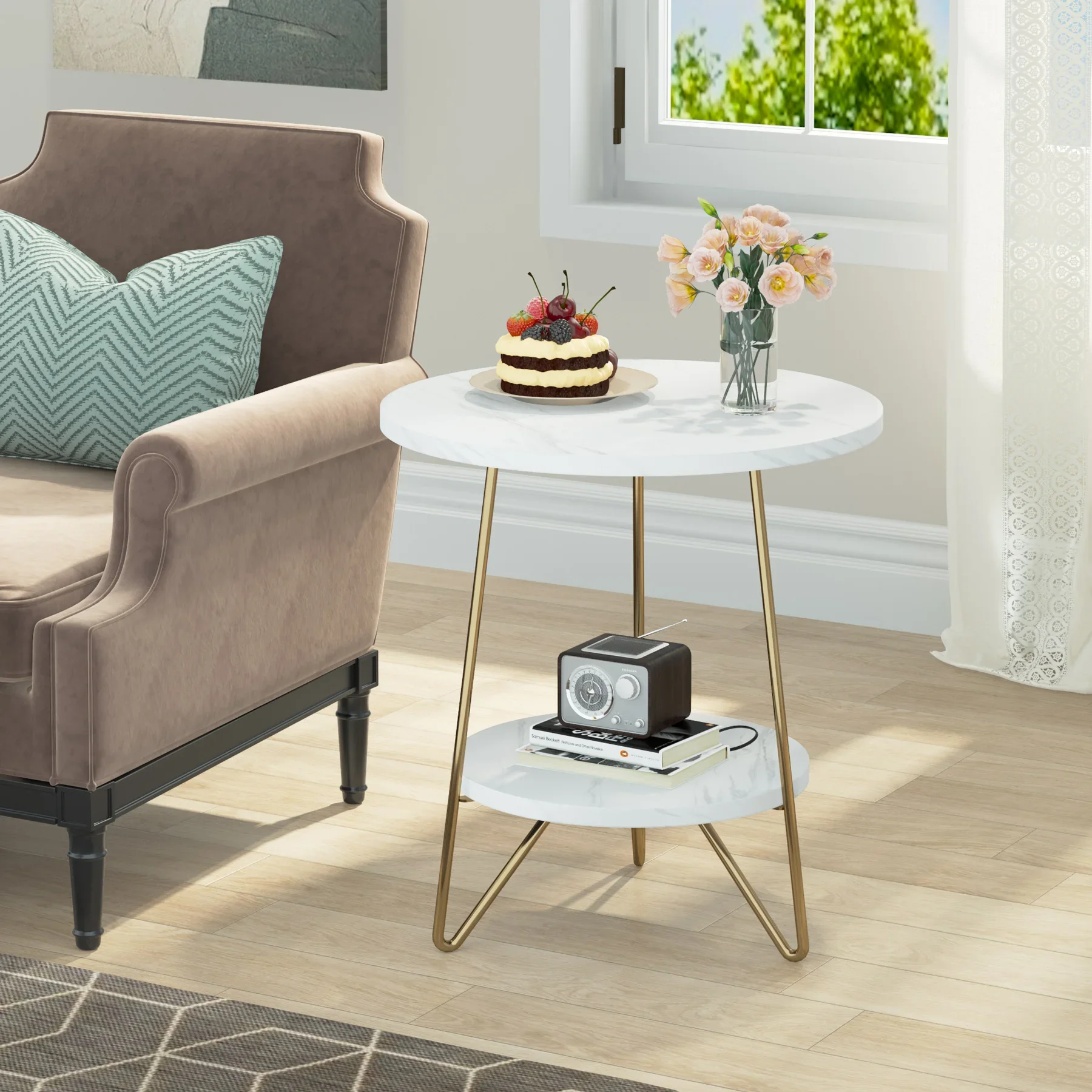 2 Tier Faux Marble End Table Round Side Table with Shelves Small Coffee Accent Table for Living Room, White and Gold - Image 3