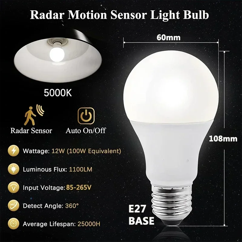 1~2Pack 10W LED Bulb Light E27 Radar Motion Sensor 85-265V White Smart Lamp Working in Night for Home Living Room Stair Pathway - Image 2