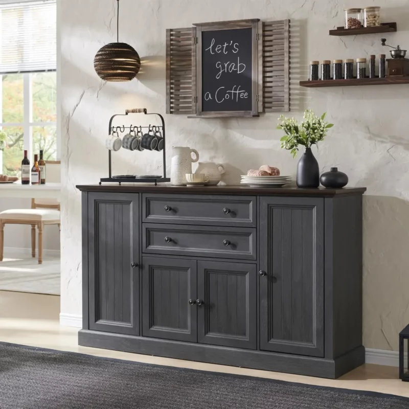 Buffet Cabinet with Storage, 34" Tall Coffee Bar Cabinet w/2 Large Drawers & 4 Grooved Barn Doors, Wood Rustic Sideboard Cabinet