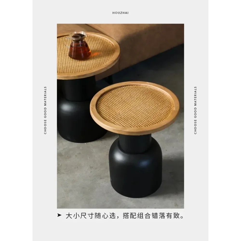 Retro Art Home Sofa Side Table Solid Wood Rattan Creative Coffee Tables Bedside Iron Small Round Desks Home Decoration - Image 6